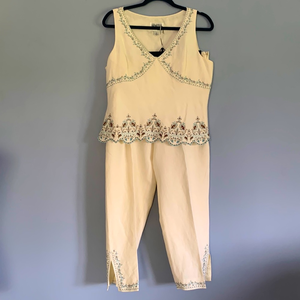 2 Piece Yves Cossette DEPECHE Sleeveless Linen Pant Suit Cream W/Embroid…